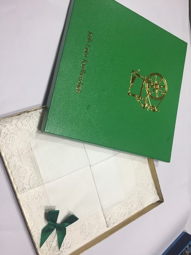 Vtg 60s Irish Linen Handkerchief NOS Org Fold Org Box