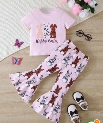 NWOT GIRLS PINK/LEOPARD BUNNIES EASTER PANTS SET,  SZ. 3/4Y, (SEE SIZE GUIDE)