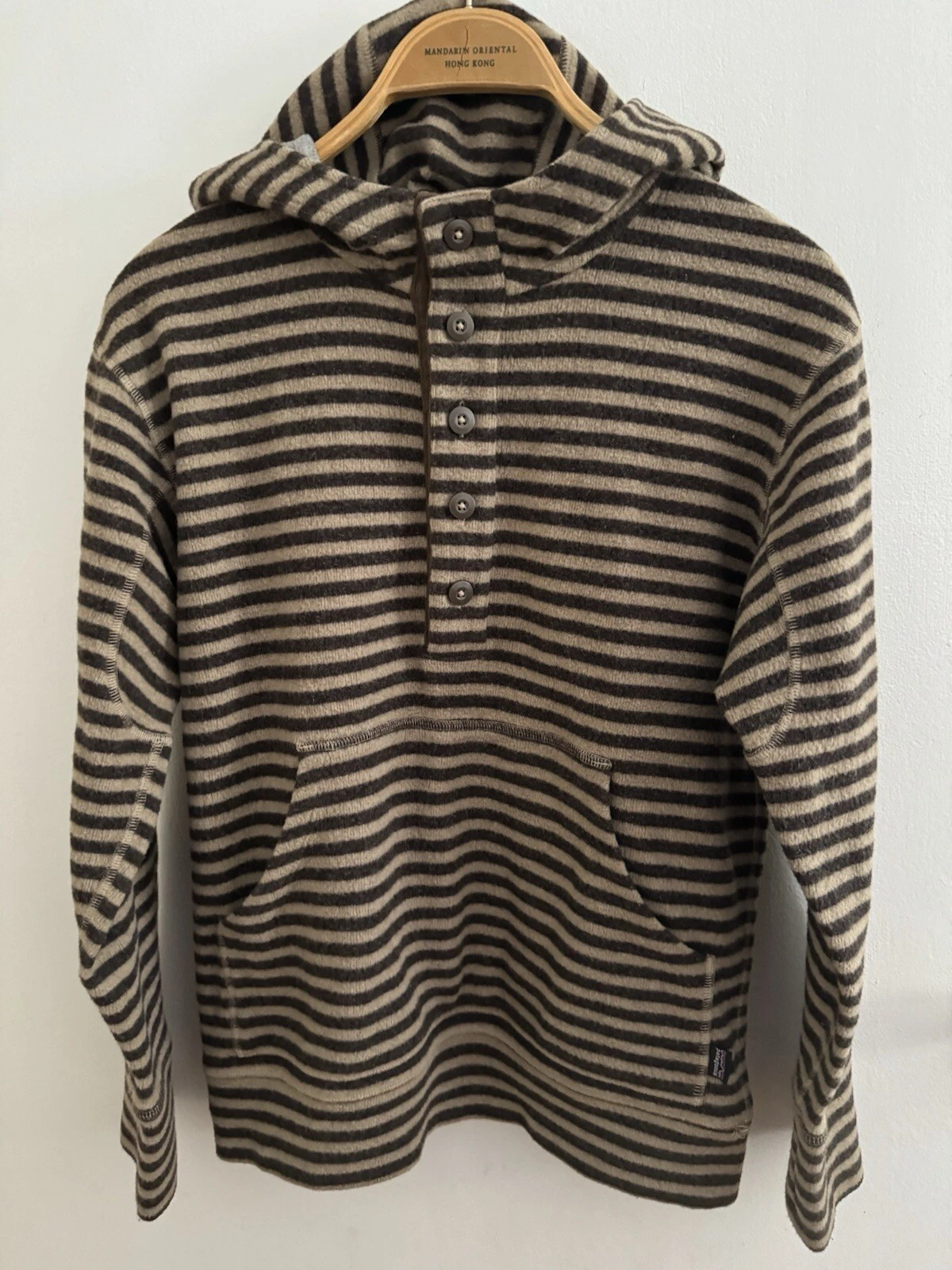 Patagonia Wool Hoodie Button Pullover Jacket Men’s Size S Small Brown Tan Stripe