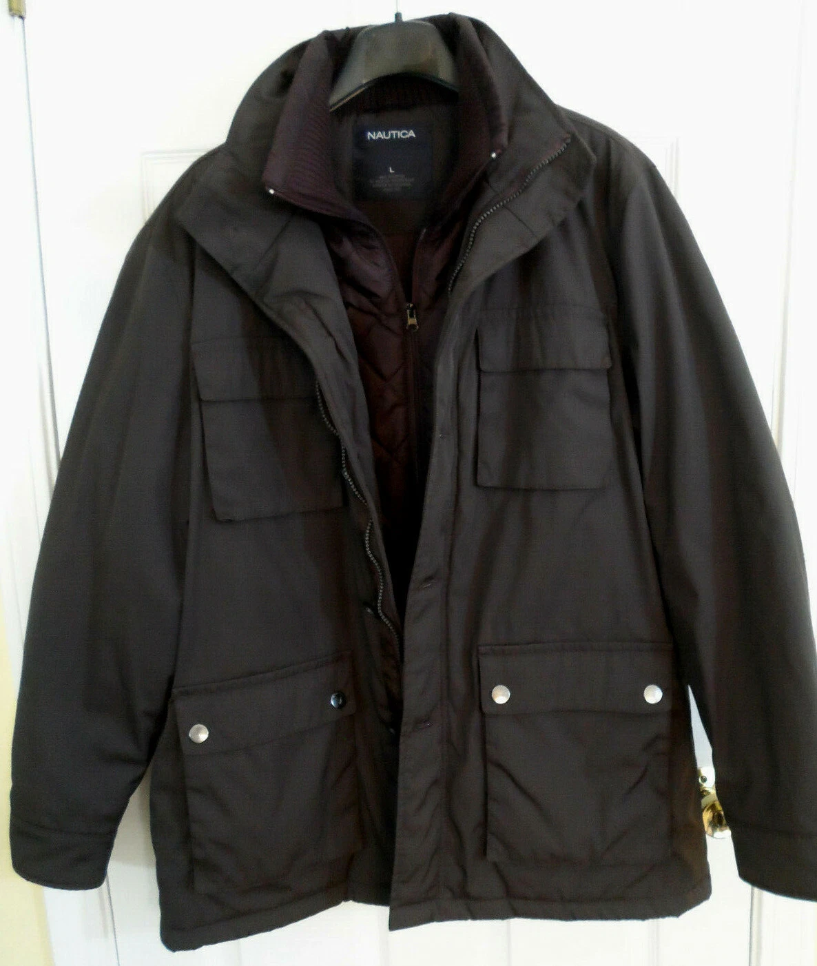 Nautica Black Jacket w/ Inner Storm Flap & Knit Collar Mens L Quilted Lining