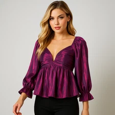 Entro Purple Iridescent Babydoll Top Smocked Back Peplum Blouse Party Size M