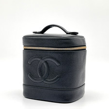 VERY GOOD | Chanel Coco Mark Caviar skin Leather Black Vanity Bag Handbag Auth