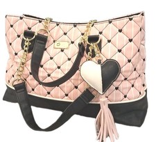 Betsey Johnson Pink And Black Quilted Shoulder Or Handheld Handbag With Gold...