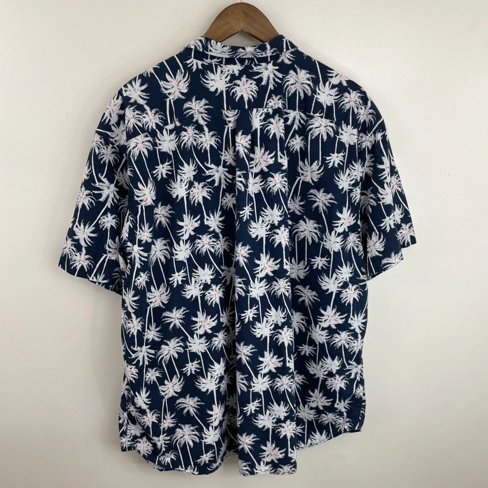 Camisa Antigua Azul Marino Para Hombres 3XL XXXL Calce Ajustado Azul y Blanco Palmera Manga Corta Botón Foto 2 de 4