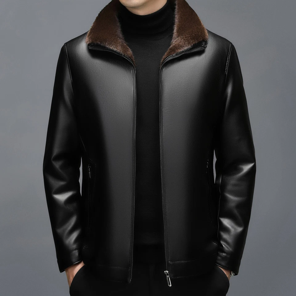 Men's Genuine Leather Fur Lining Thicken Warm Lapel Collar Zipper Formal Jacket - Image 2 of 4