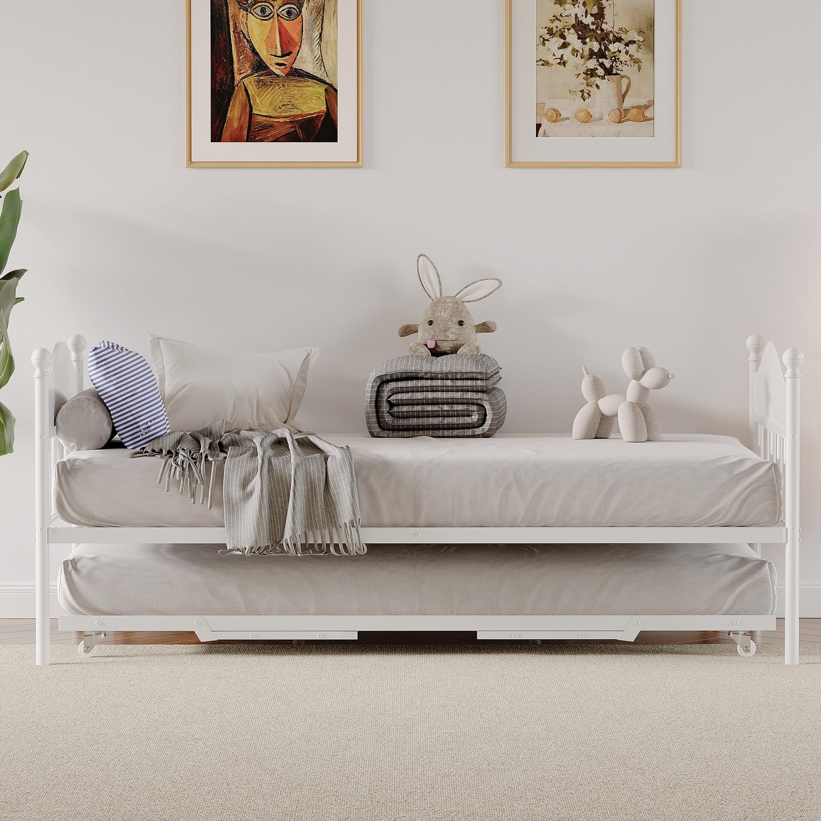 Daybed with Trundle, Twin Size Sofa Day Bed ,Metal Bed Frame Space Saving ,White