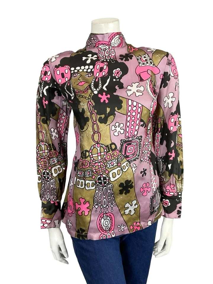 VTG 70S LILAC BROWN PINK BLACK WHITE LADY FLOWER GRAPHIC FUNNEL SHIFT TOP 12 - Image 3 of 4