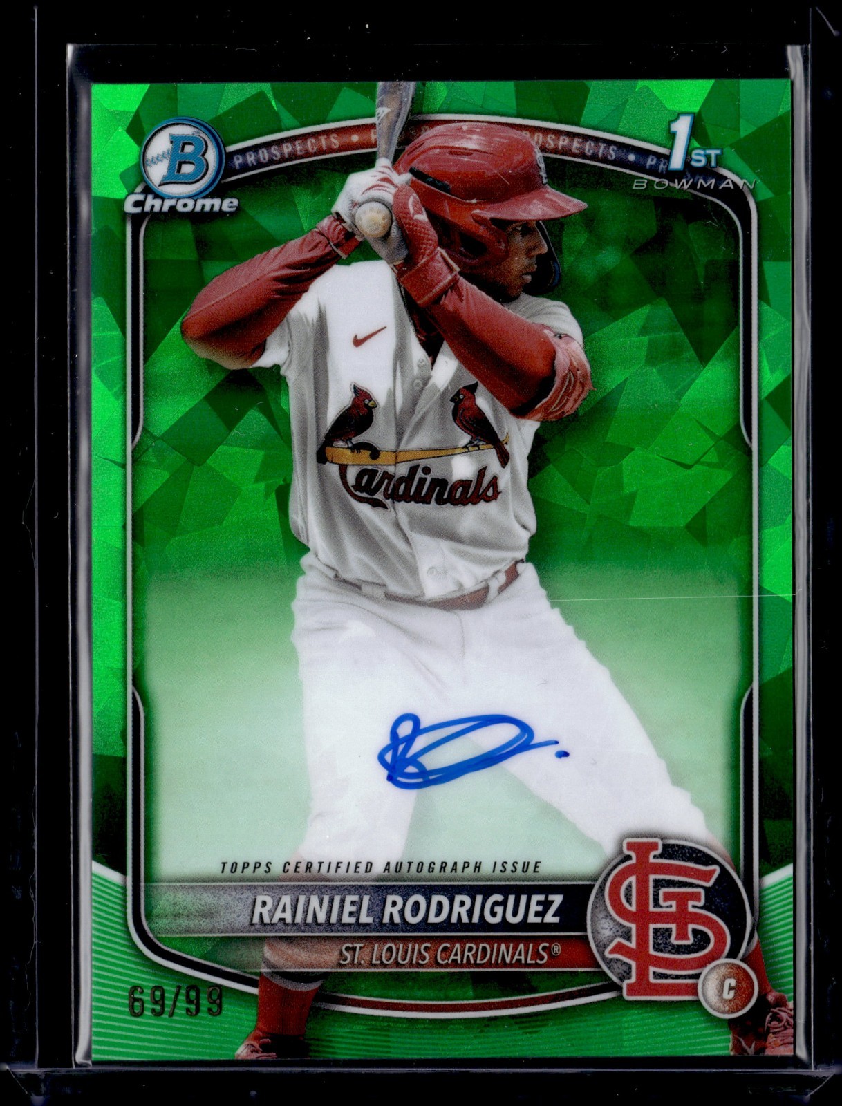 RAINIEL RODRIGUEZ #/99 2025 BOWMAN CHROME SAPPHIRE ON CARD AUTO GREEN RC