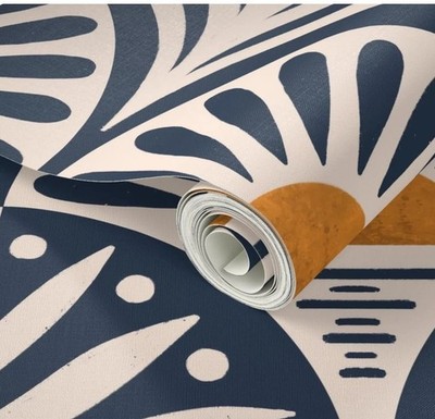 Spoonflower Peel & Stick Wallpaper   Art Deco Sunset & Leaves   Navy, Cream & Mu