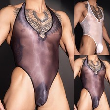 Mens Stretchy See Through Thong Sleeveless Bodysuit Oil Shiny Glossy Underwear