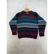 Jantzen Vintage Sweater Mens Large Burgundy Teal Geometric Knit Made in USA 90s
