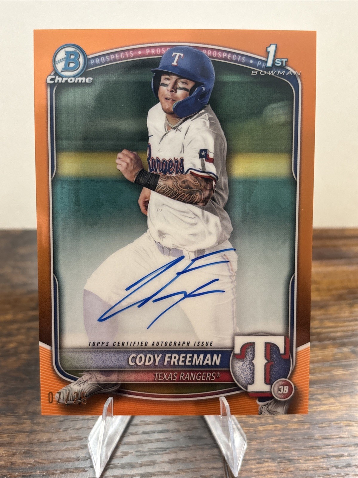 2025 Bowman Chrome Prospect Autographs Cody Freeman #CPA-CFR Orange /25 Rangers