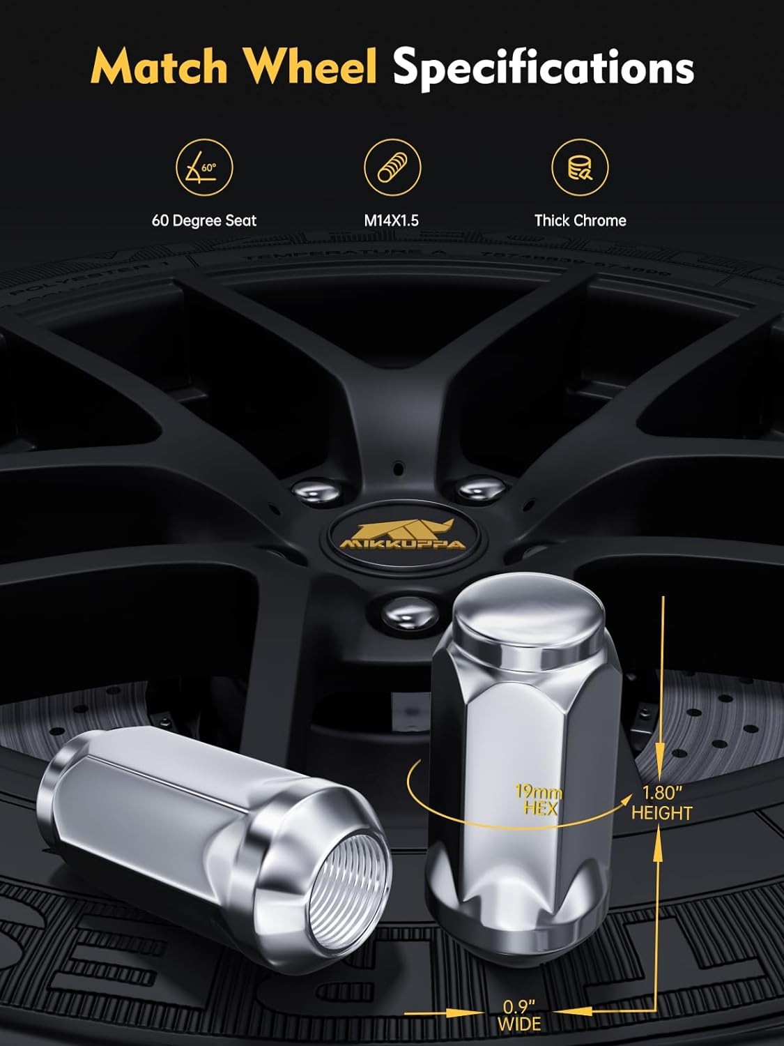 MIKKUPPA 24PCS M14x1.5 Skinny Lug Nuts, Chrome 19mm Hex, 1.8" M14x1.5, 