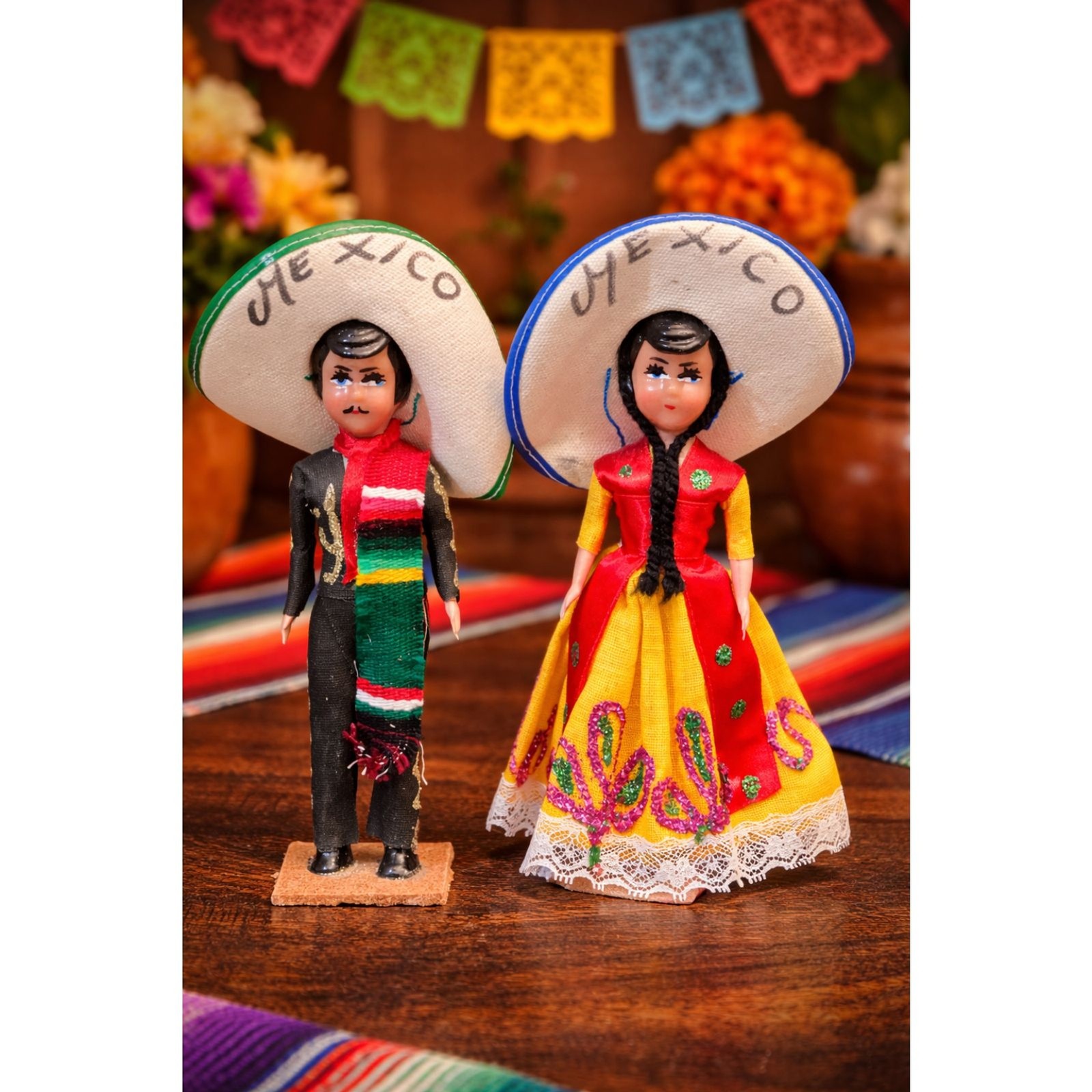 Vintage Mexican Folk Art Doll Couple with Sombreros | Handcr