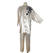 Natori Satin Matching Set Pajamas Button-Down Top and Pants in Cream L