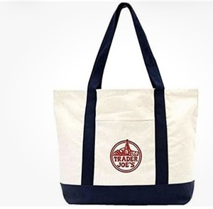 Trader Joe's Cotton Foldable Tote Bag Beige Navy Blue Solid Shopping Reusable