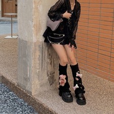 Women Harajuku Flared Leg Warmers Gothic 3D Bloody Bear Ripped Knit Long Socks