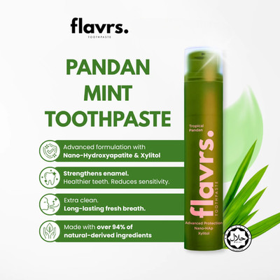 Flavrs Toothpaste Tropical Pandan 65g Nano-Hydroxyapatite n-HAp Whitening Pump