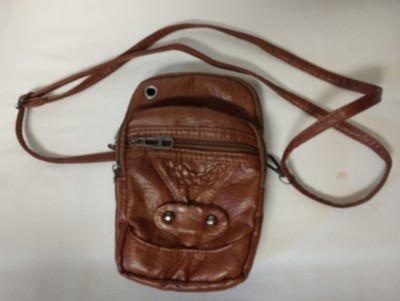 Small Brown Faux Leather Four Pocket Wallet Bag with Shoulder Strap