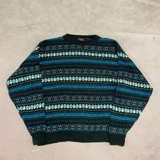 Vintage Abstract Knitted Jumper Patterned Grandad Chunky Knit Sweater Men's L