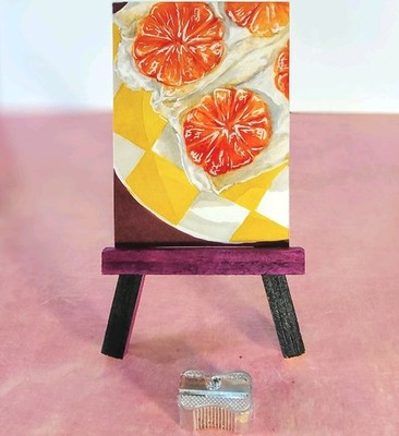 ACEO Original Realism Art Mini Mandarin Orange Sando Checkered Plate Dessert