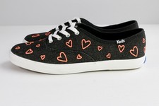Women  s Size 6 - Keds Champion Denim Heart Embroidery Lace Up Black/Pink Sneaker
