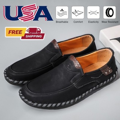 Mens Flat Loafers Slip on Handmade Leather Shoes Anti Slip Working Driving Shoes