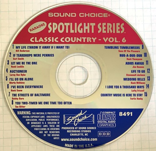 SOUND CHOICE SPOTLIGHT KARAOKE - CLASSIC COUNTRY - VOL 6 - SC8491 - RARE!