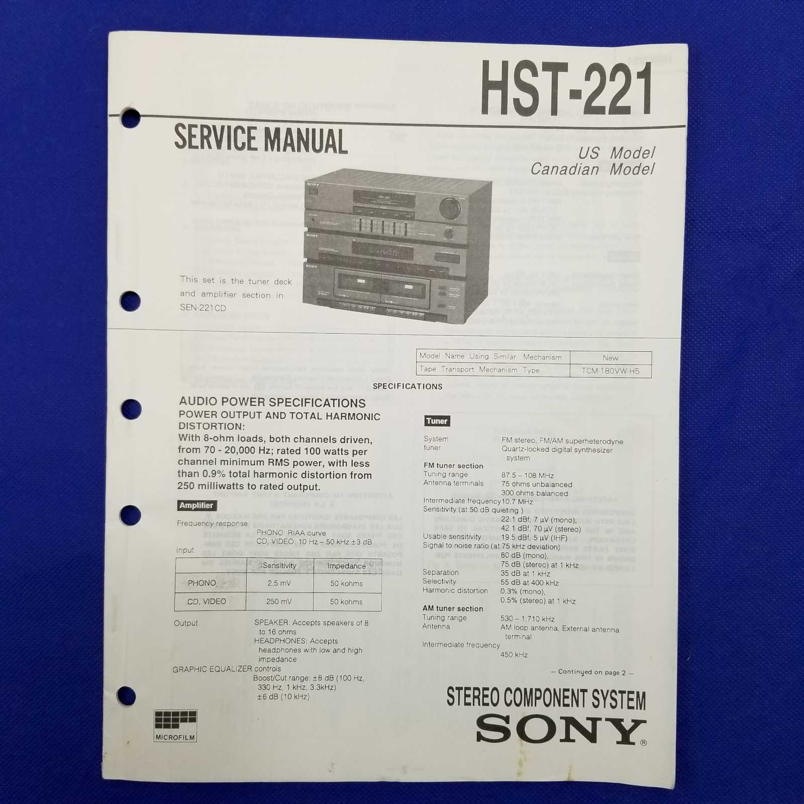 SONY HST-221 Service Manual Original Paper OEM Repair Guide - USA