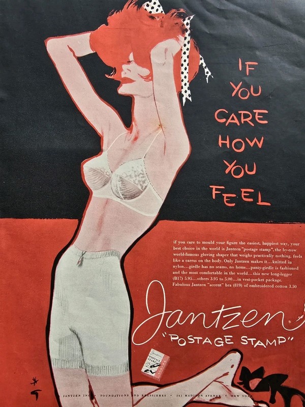 1959 Women's Jantzen Postage Stamp Girdle Bra Rene Gruau Art Vintage Ad 