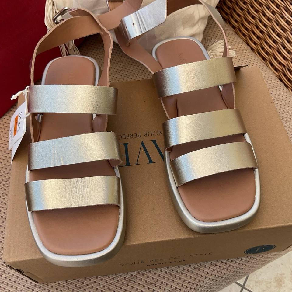 M&S Gold Leather Ankle Strap Gladiator Sandals Size 3 Brand New with Tags - Image 1 of 4