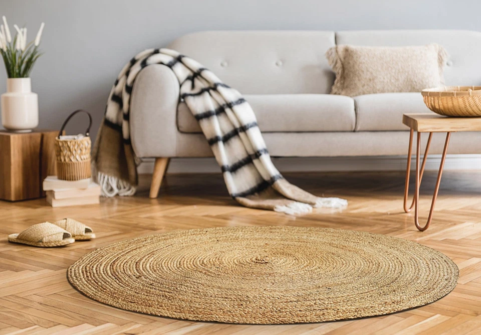 Alfombra trenzada de yute tejida a mano, 4’ redonda - natural, reversible área de entrada boho R... Foto 2 de 4