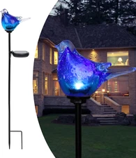 Afirst Solar Bluebird Garden Stake Lights - Hand Blown Glass Decorative Garden P