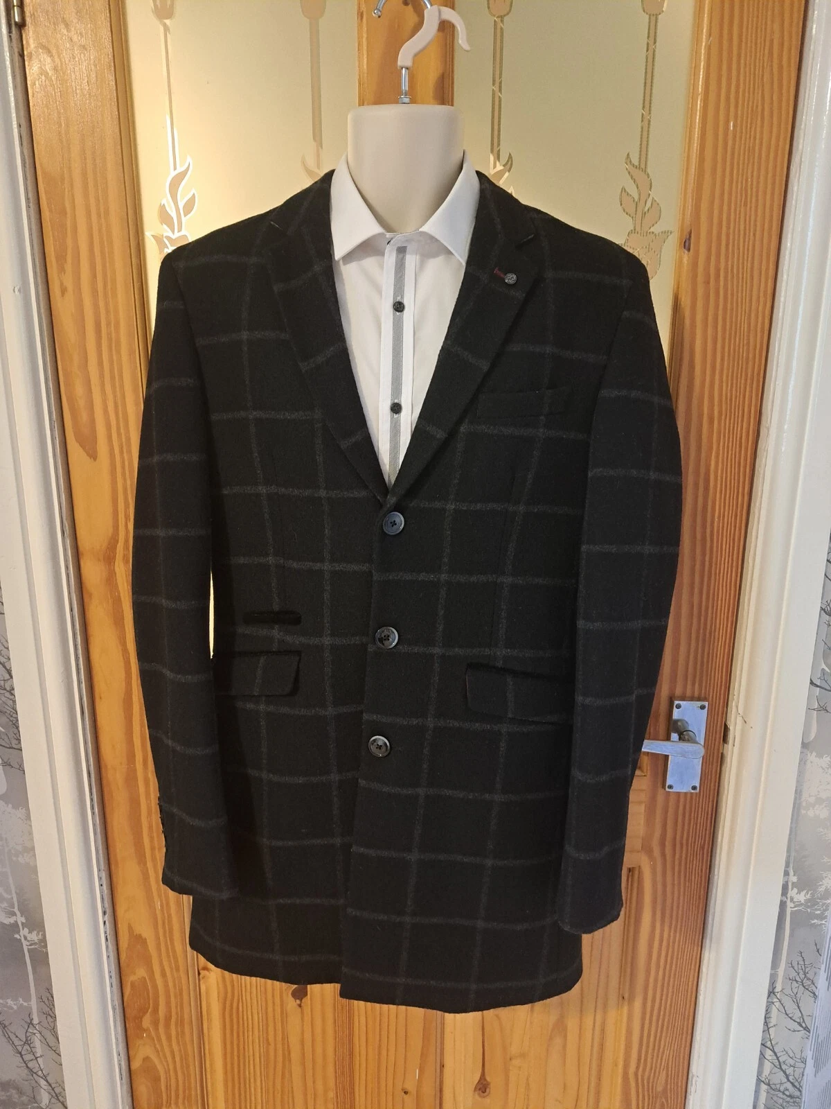 CAVANI MEN WOOL BLEND SLIM FIT BLACK GREY CHECK BIRD LINED OVERCOAT BLAZER UK 36
