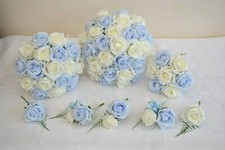 Pale blue & ivory white wedding bouquet posy rose bridesmaid bride buttonholes