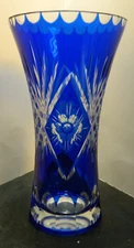 Vintage Bohemian Cobalt Blue Cut To Clear Glass Vase 9" x 5" x 5" Very Good Cond