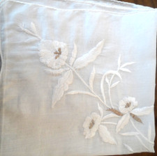 Vintage Handkerchief - WHITE EMBROIDERED IRIS w/ROLLED EDGES