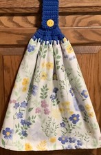 Double hanging kitchen towel flowers butterflies crocheted blue top