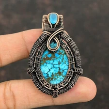 Tibetan Turquoise Jewelry Copper Birthday Gift Wire Wrapped Pendant 2.4"