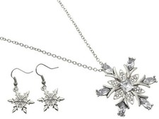 1.75" Silver Plt Crystal Rhinestone Marquise Snowflake Necklace  Earring Set