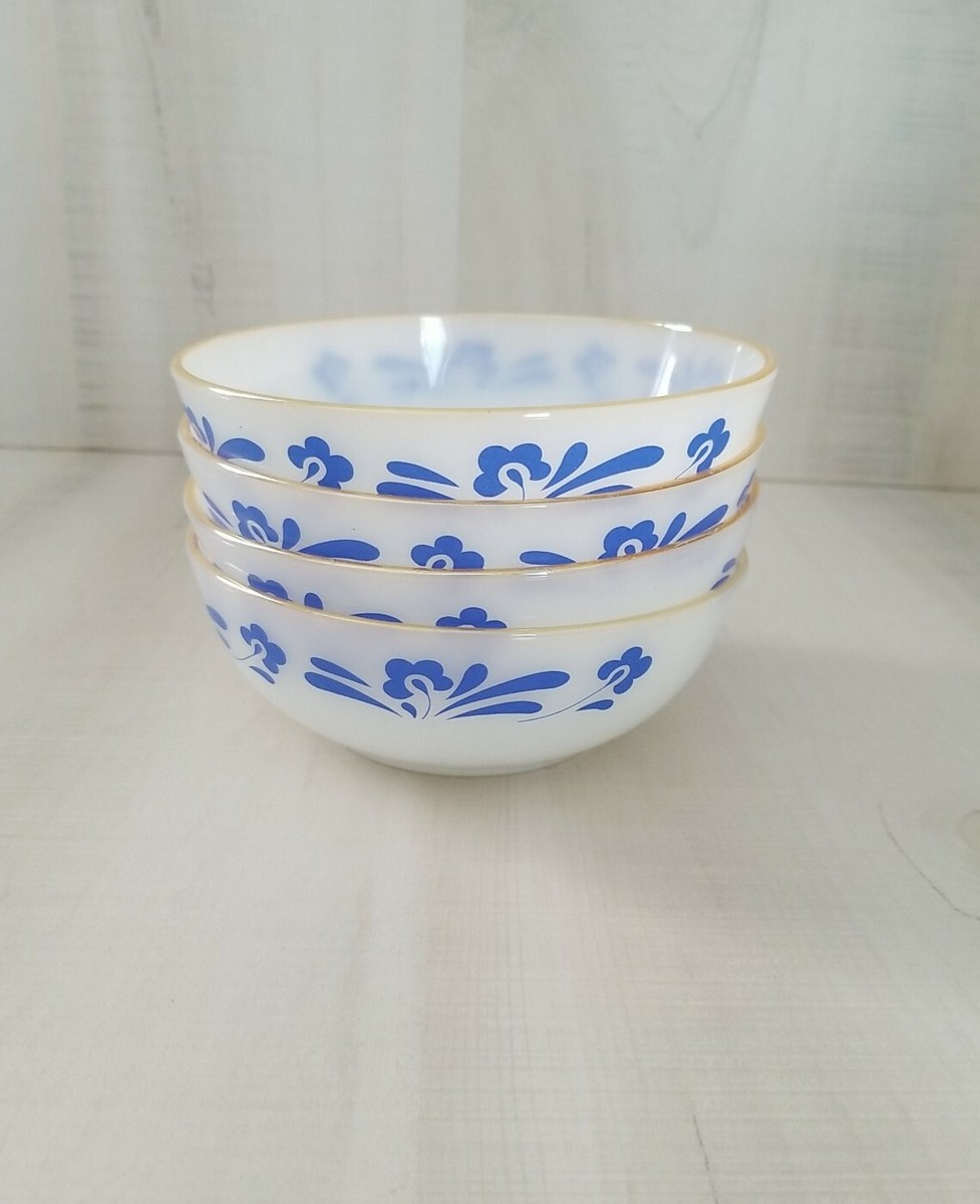 4 vintage Termocrisa Milk Glass Bowls White w Blue Floral