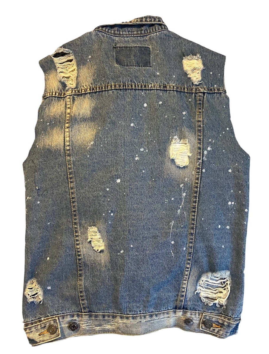 CARBON DENIM VEST, DISTRESSED ACID WASH, RAW EDGES, PAINT