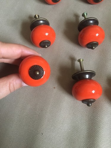 Set 12 Orange Knobs Ceramic Bronze Alloy Metal Rustic Cupboard Dresser Handle - Picture 2 of 7