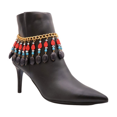 Women Gold Metal Boot Chain Bracelet Shoe Red Turquoise Black South West Charms