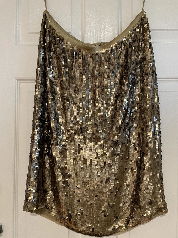 Falda Badgley Mischka Lentejuelas Talla 8 Forrada de Seda Verde Dorado Fiesta Diseñador Foto 2 de 4