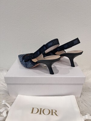 NIB Dior J'adior Jadior Denim Jean Slingback Kitten Heel Dway Mule