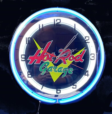 18" Classic HOT ROD Garage Sign Double Neon Clock | eBay