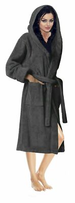 Ladies Terry Cotton Towelling Hooded Dressing Gown Bathrobe Womens Shawl Robe