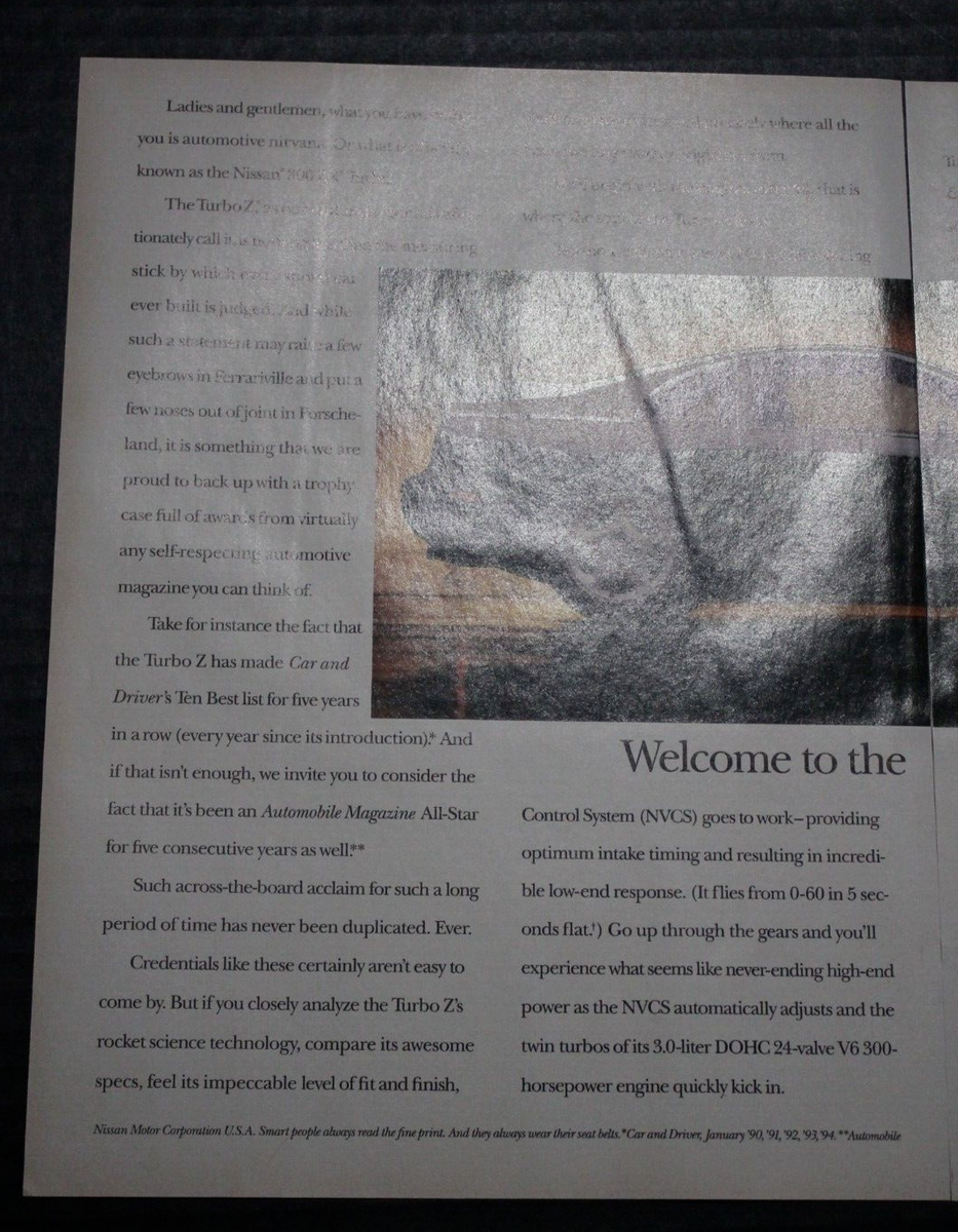 1994 Nissan 300ZX Turbo Coupe 2 Page Vintage Print Ad Catbird Seat