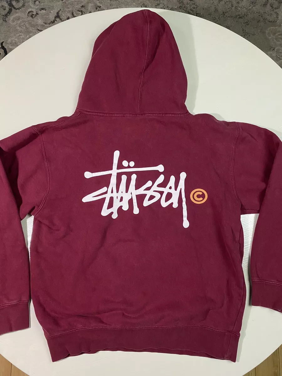 Vintage Stussy Hoodie Pullover Sweatshirt Maroon Made In USA Big Logo Mens  SMALL